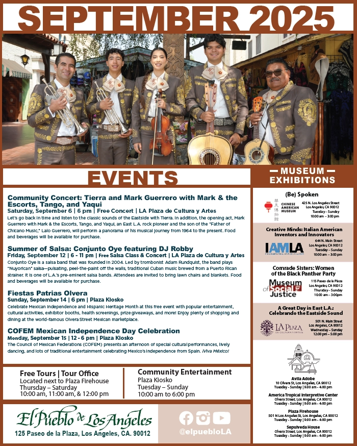 September Calendar for El Pueblo, Mariachi with 5 members at the top, 4 events listed and all the museum hours as well